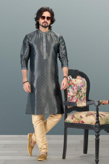 Festive Special Grey Color Jacquard Banarasi Silk Kurta Pyjama