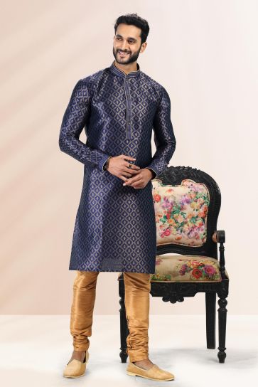 Navy Blue Color Jacquard Banarasi Silk Kurta Pyjama For Festival