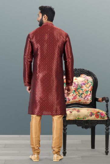 Stylish Maroon Color Jacquard Banarasi Silk Fabric Kurta Pyjama