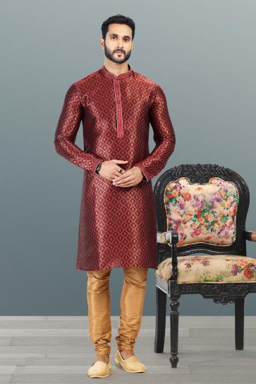 Stylish Maroon Color Jacquard Banarasi Silk Fabric Kurta Pyjama