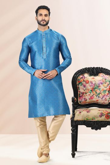 Elegant Sky Blue Color Jacquard Banarasi Silk Festive Kurta Pyjama
