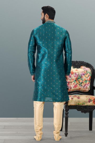 Festival look Jacquard Banarasi Silk Kurta Pyjama in Teal Color