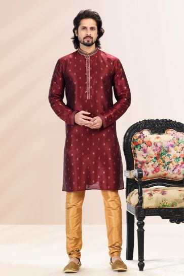 Maroon Color Jacquard Banarasi Silk Kurta Pyjama In Festive Wear