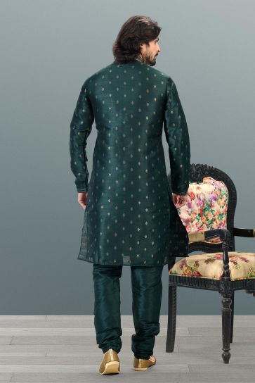 Stunning Dark Green Color Jacquard Banarasi Silk Kurta Pyjama For Festival