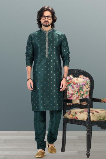 Stunning Dark Green Color Jacquard Banarasi Silk Kurta Pyjama For Festival