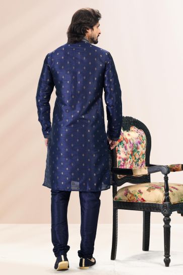 Navy Blue Color Jacquard Banarasi Silk Kurta Pyjama For Festive look