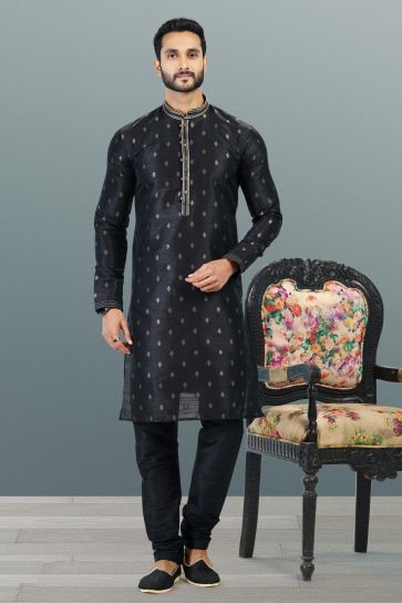 Elegant Jacquard Banarasi Silk Black Color Kurta Pyjama Set