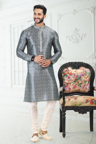 Grey Color Digital Print Banarasi Silk Fabric Function Wear Readymade Kurta Pyjama For Men