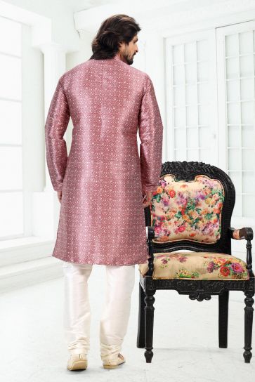 Banarasi Silk Fabric Pink Color Digital Print Festive Wear Trendy Readymade Men Kurta Pyjama