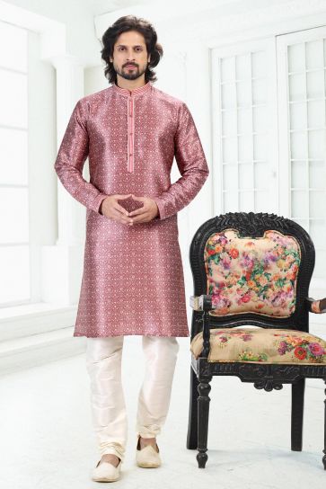 Banarasi Silk Fabric Pink Color Digital Print Festive Wear Trendy Readymade Men Kurta Pyjama