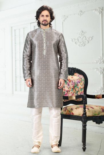 Dark Beige Color Sangeet Wear Banarasi Silk Fabric Digital Print Designer Readymade Kurta Pyjama For Men