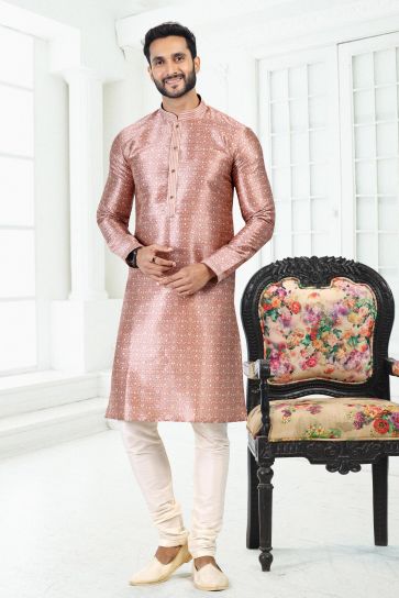 Digital Print Appealing Peach Color Banarasi Silk Fabric Function Wear Readymade Kurta Pyjama For Men