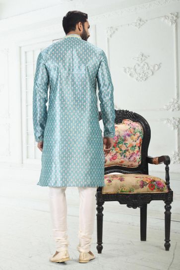 Cyan Color Digital Print Engaging Banarasi Silk Fabric Festive Wear Readymade Kurta Pyjama For Men