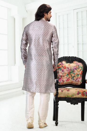 Dark Beige Color Banarasi Silk Fabric Digital Print Festive Wear Captivating Readymade Kurta Pyjama For Men