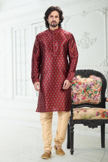 Fetching Maroon Color Banarasi Silk Fabric Sangeet Wear Digital Print Readymade Kurta Pyjama For Men