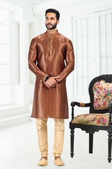 Digital Print Rust Color Gorgeous Banarasi Silk Fabric Wedding Wear Readymade Kurta Pyjama For Men