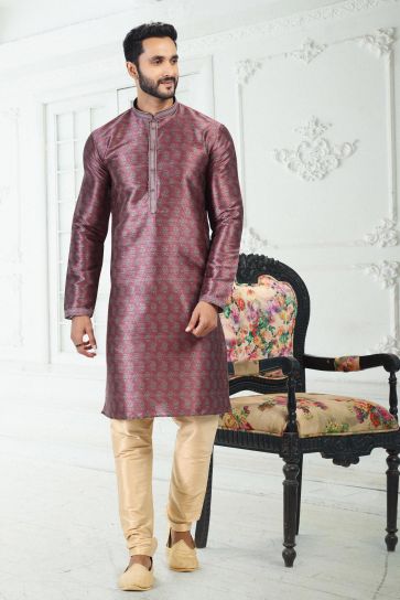 Wine Color Digital Print Banarasi Silk Fabric Reception Wear Striking Readymade Kurta Pyjama For Men