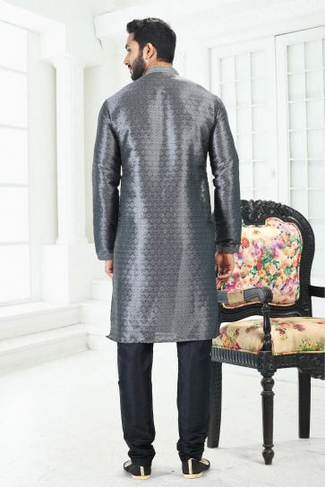 Grey Color Stunning Banarasi Silk Fabric Digital Print Function Wear Readymade Kurta Pyjama For Men