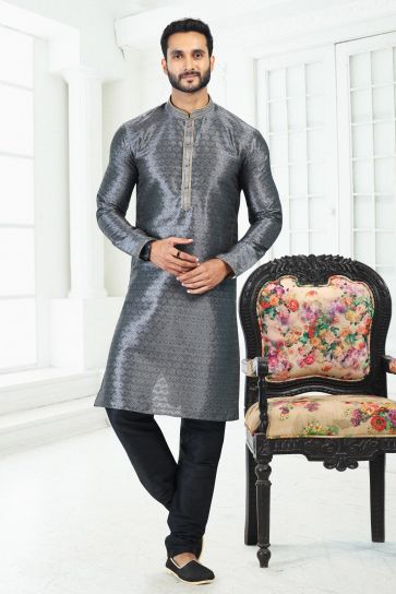 Grey Color Stunning Banarasi Silk Fabric Digital Print Function Wear Readymade Kurta Pyjama For Men