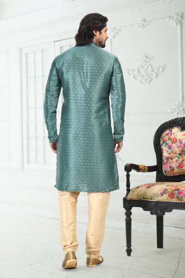 Banarasi Silk Fabric Lovely Cyan Color Festive Wear Digital Print Readymade Kurta Pyjama For Men