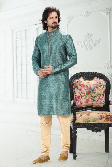 Banarasi Silk Fabric Lovely Cyan Color Festive Wear Digital Print Readymade Kurta Pyjama For Men