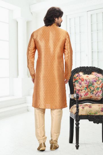 Banarasi Silk Fabric Digital Print Orange Color Sangeet Wear Pretty Readymade Kurta Pyjama For Men