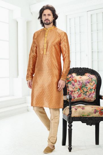 Banarasi Silk Fabric Digital Print Orange Color Sangeet Wear Pretty Readymade Kurta Pyjama For Men