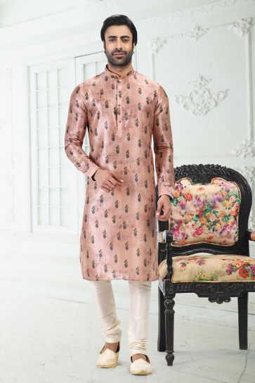 Peach Color Beautiful Digital Print Banarasi Silk Fabric Wedding Wear Readymade Kurta Pyjama For Men