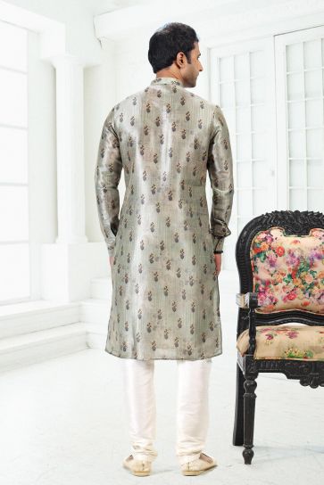 Reception Wear Grey Color Banarasi Silk Fabric Attractive Digital Print Readymade Kurta Pyjama For Men