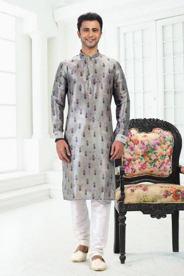 Reception Wear Grey Color Banarasi Silk Fabric Attractive Digital Print Readymade Kurta Pyjama For Men