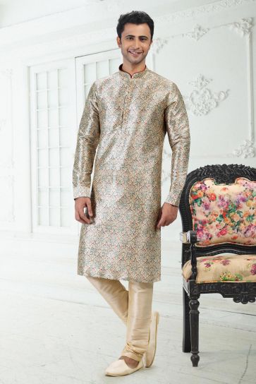 Digital Print Beige Color Banarasi Silk Fabric Function Wear Readymade Kurta Pyjama For Men
