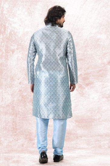 Sky Blue Color Jacquard Banarasi Silk Fabric Fancy Readymade Kurta Pyjama For Men