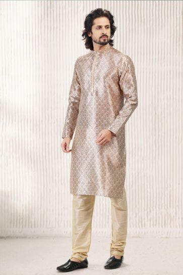 Jacquard Banarasi Silk Fabric Beige Color Trendy Readymade Men Kurta Pyjama