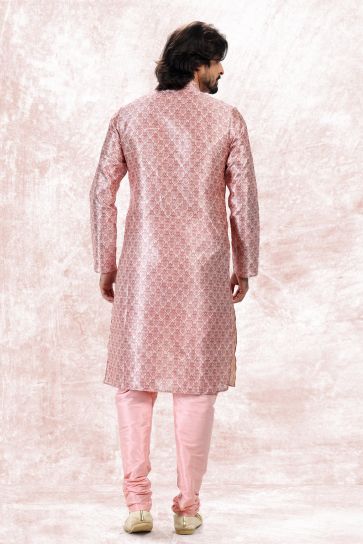Pink Color Jacquard Banarasi Silk Fabric Designer Readymade Kurta Pyjama For Men