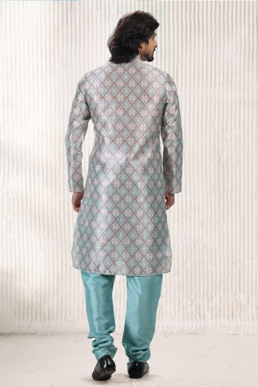 Appealing Multi Color Jacquard Banarasi Silk Fabric Readymade Kurta Pyjama For Men