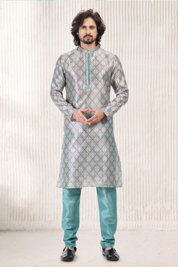 Appealing Multi Color Jacquard Banarasi Silk Fabric Readymade Kurta Pyjama For Men