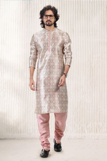 Multi Color Jacquard Banarasi Silk Fabric Captivating Readymade Kurta Pyjama For Men