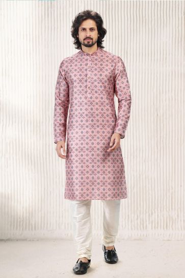 Pink Color Gorgeous Jacquard Banarasi Silk Readymade Kurta Pyjama For Men