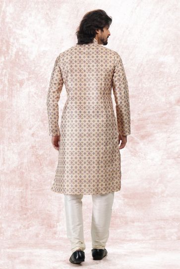 Beige Color Jacquard Banarasi Silk Fabric Striking Readymade Kurta Pyjama For Men