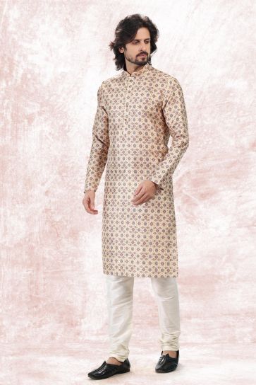 Beige Color Jacquard Banarasi Silk Fabric Striking Readymade Kurta Pyjama For Men