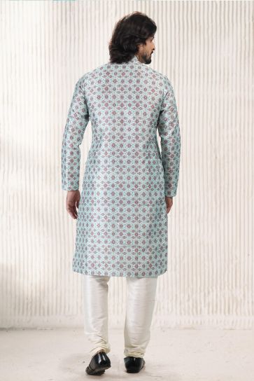 Light Cyan Color Stunning Jacquard Banarasi Silk Fabric Readymade Kurta Pyjama For Men