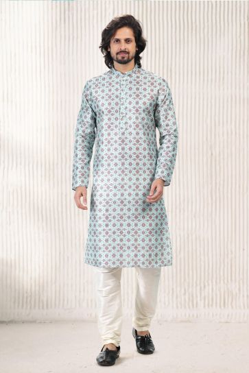 Light Cyan Color Stunning Jacquard Banarasi Silk Fabric Readymade Kurta Pyjama For Men