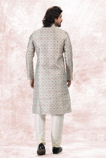 Jacquard Banarasi Silk Fabric Lovely Sea Green Color Readymade Kurta Pyjama For Men
