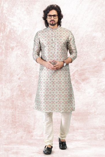 Jacquard Banarasi Silk Fabric Lovely Sea Green Color Readymade Kurta Pyjama For Men
