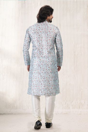 Sky Blue Color Pretty Readymade Kurta Pyjama For Men In Jacquard Banarasi Silk Fabric