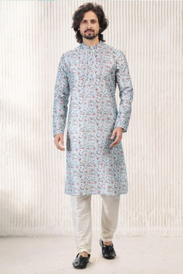 Sky Blue Color Pretty Readymade Kurta Pyjama For Men In Jacquard Banarasi Silk Fabric