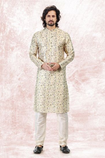 Beautiful Jacquard Banarasi Silk Fabric Readymade Kurta Pyjama For Men In Yellow Color