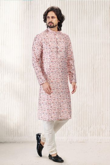 Jacquard Banarasi Silk Fabric Attractive Readymade Kurta Pyjama For Men In Peach Color