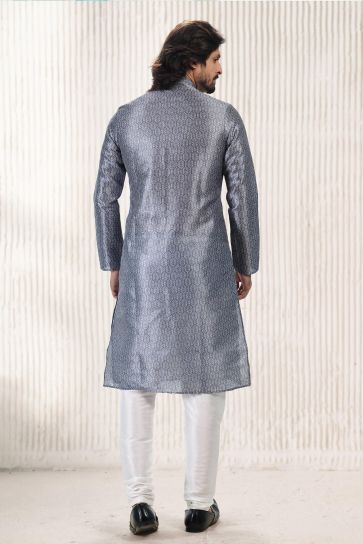Jacquard Banarasi Silk Fabric Stunning Grey Color Readymade Men Kurta Pyjama