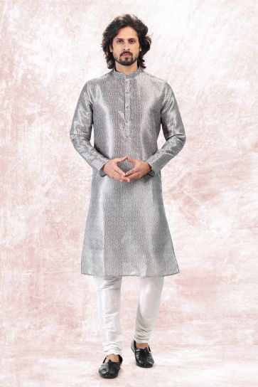 Jacquard Banarasi Silk Fabric Grey Color Readymade Lovely Kurta Pyjama For Men